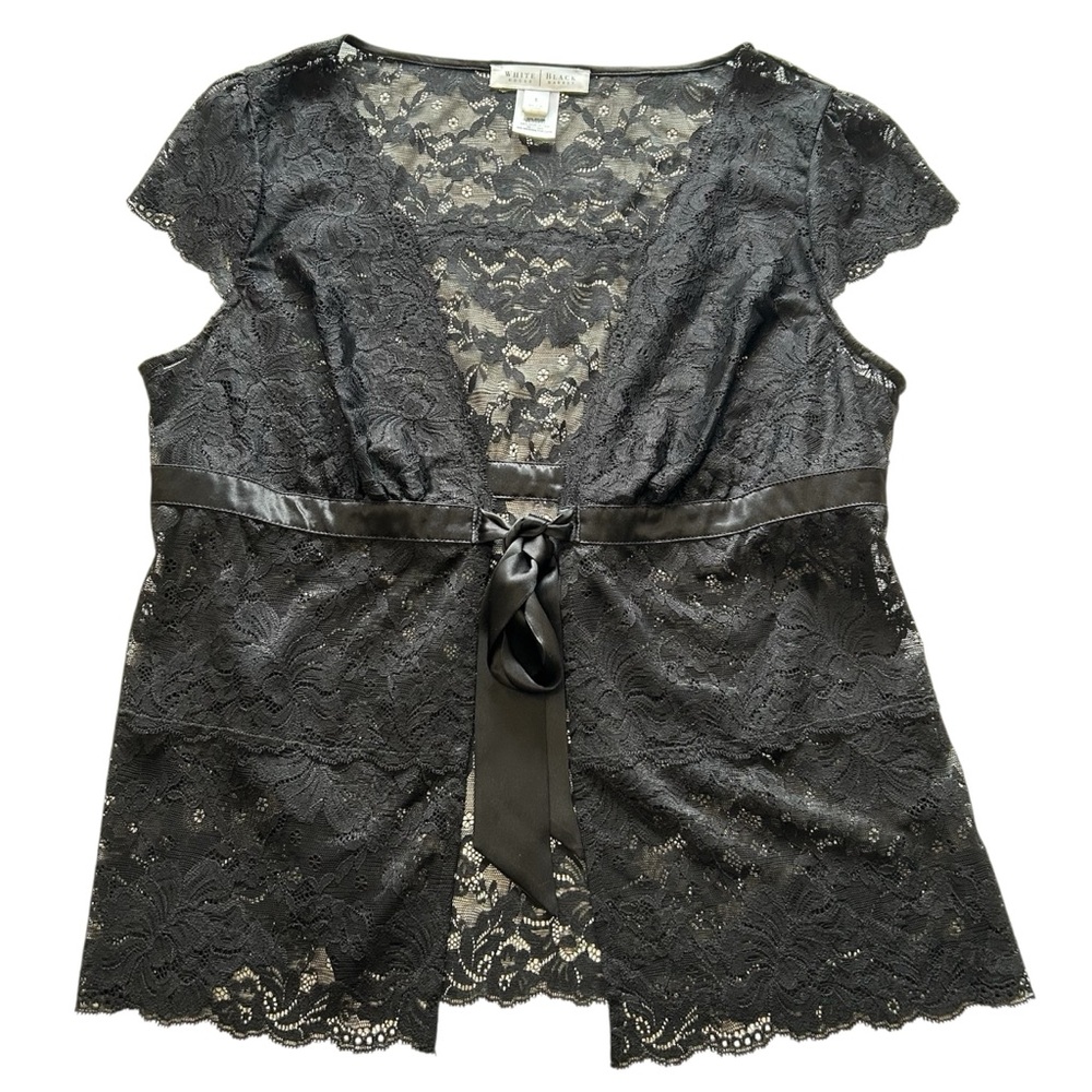 WHBM Sheer Black Lace Lingerie Top Cap Sleeves Tie Front Womens Size Small